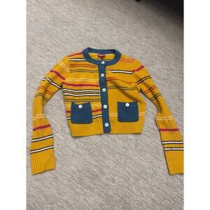 STAUD Striped Cropped Cardigan Sweater – Mustard Multi – Women’s Size Small